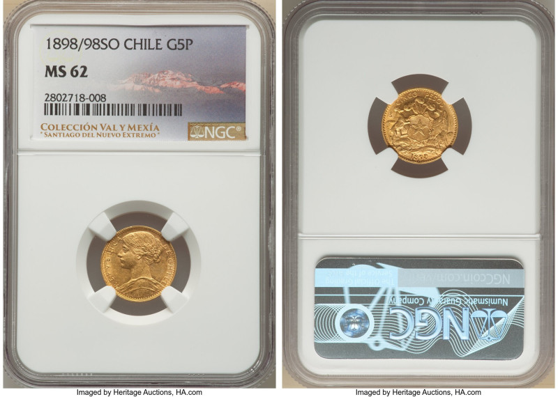 Republic gold 5 Pesos 1898/98-So MS62 NGC, Santiago mint, KM159. The sole piece ...