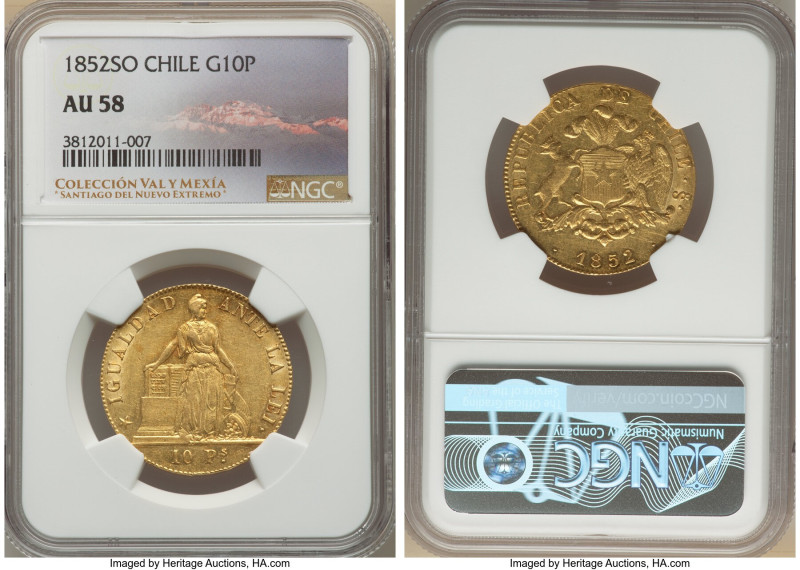 Republic gold 10 Pesos 1852-So AU58 NGC, Santiago mint, KM123. An early date fro...