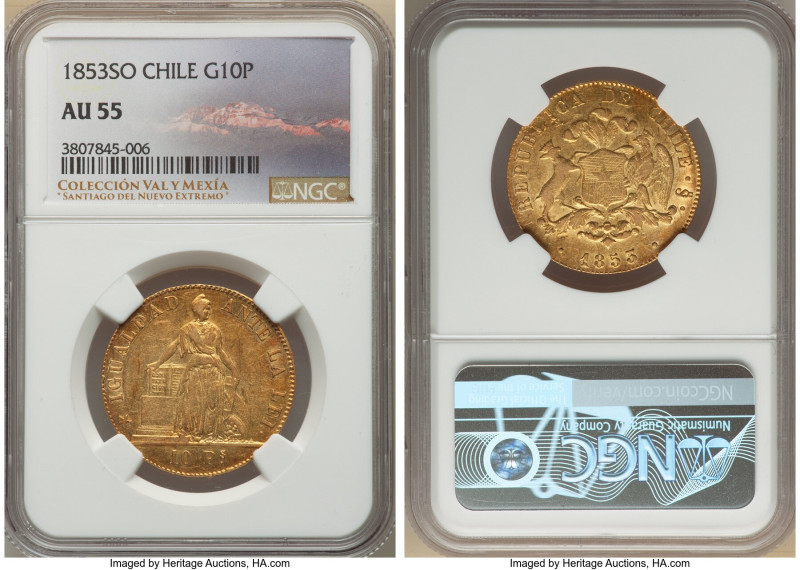 Republic gold 10 Pesos 1853-So AU55 NGC, Santiago mint, KM123. Dressed in amber ...