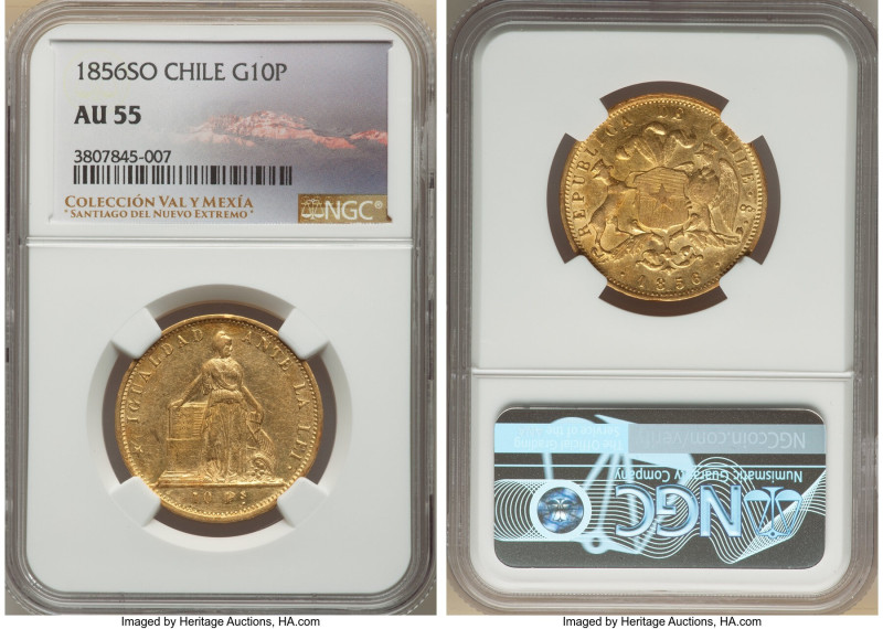 Republic gold 10 Pesos 1856-So AU55 NGC, Santiago mint, KM131. Presenting ample ...
