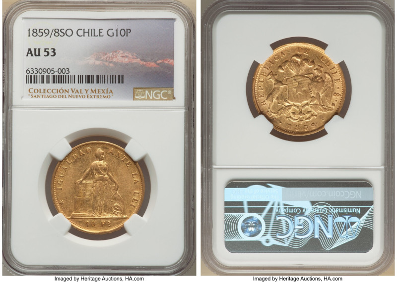 Republic gold 10 Pesos 1859/8-So AU53 NGC, Santiago mint, KM131. The single grad...