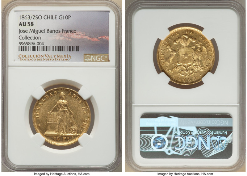 Republic gold 10 Pesos 1863/2-So AU58 NGC, Santiago mint, KM131. Second finest i...