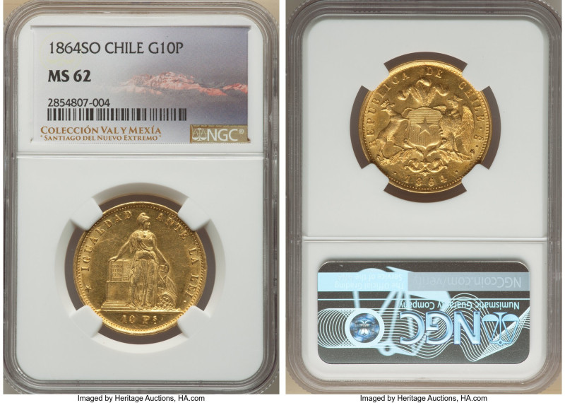Republic gold 10 Pesos 1864-So MS62 NGC, Santiago mint, KM131. Particularly lust...