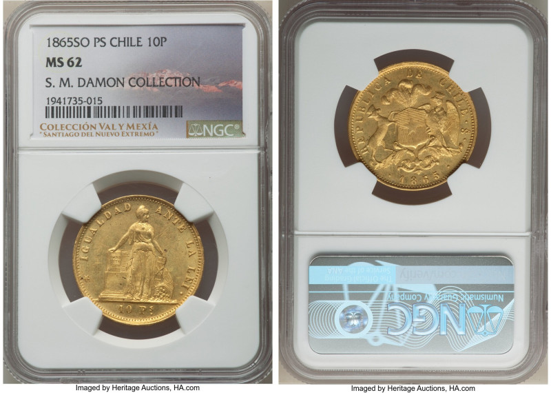 Republic gold 10 Pesos 1865-So MS62 NGC, Santiago mint, KM145. Showing hints of ...