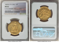 Republic gold 10 Pesos 1865-So MS62 NGC, Santiago mint, KM145. Showing hints of a semi-Prooflike brilliance across the luminous peripheries and proudl...