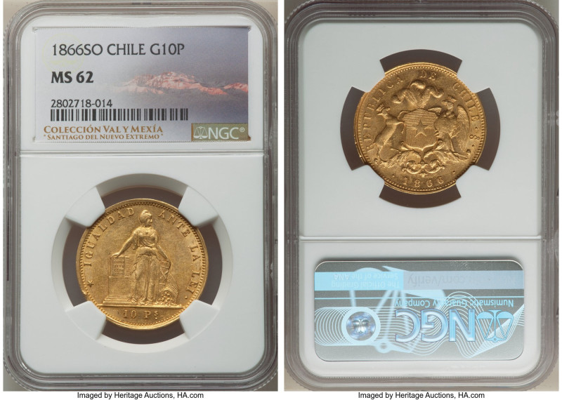 Republic gold 10 Pesos 1866-So MS62 NGC, Santiago mint, KM131. Showing satin lus...
