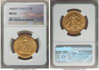 Republic gold 10 Pesos 1866-So MS62 NGC, Santiago mint, KM131. Showing satin lustrous fields and the finest grade recorded by NGC. From the "Colección...
