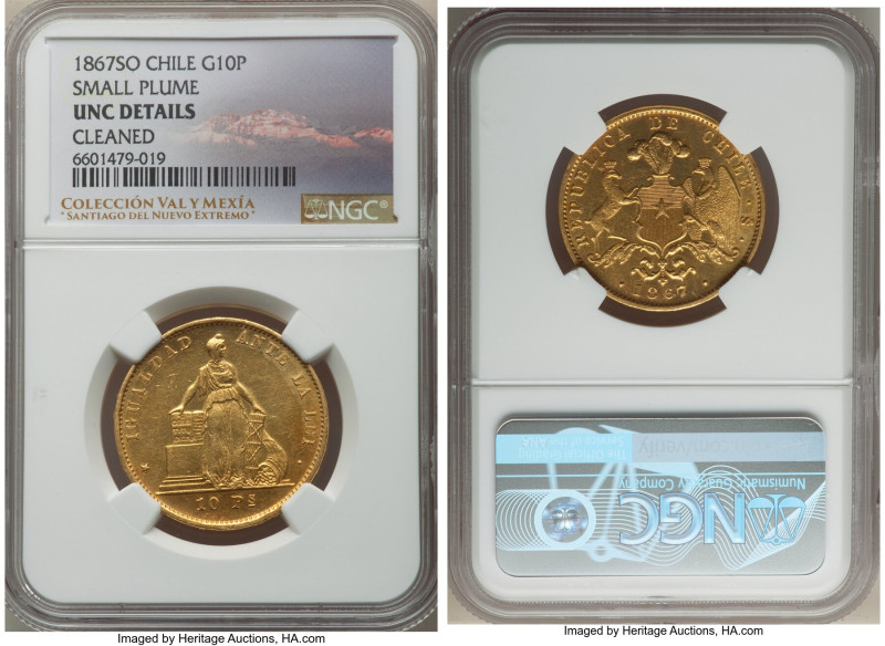 Republic gold "Small Plume" 10 Pesos 1867-So UNC Details (Cleaned) NGC, Santiago...