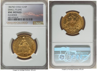 Republic gold "Small Plume" 10 Pesos 1867-So UNC Details (Cleaned) NGC, Santiago mint, KM145. A lightly handled representative of this scarcer variety...