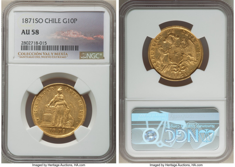 Republic gold 10 Pesos 1871-So AU58 NGC, Santiago mint, KM145. A lightly circula...