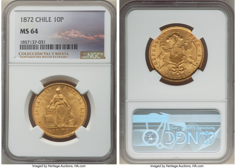 Republic gold 10 Pesos 1872-So MS64 NGC, Santiago mint, KM145. An impressive nea...