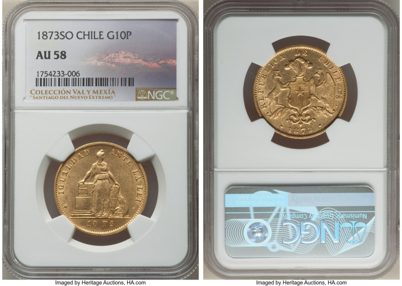 Republic gold 10 Pesos 1873-So AU58 NGC, Santiago mint, KM145. Displaying ample ...