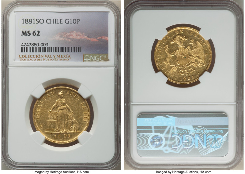 Republic gold 10 Pesos 1881-So MS62 NGC, Santiago mint, KM145. Retaining lustrou...