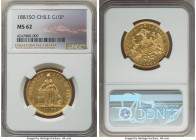 Republic gold 10 Pesos 1881-So MS62 NGC, Santiago mint, KM145. Retaining lustrous fields, this is the sole piece graded by NGC. From the "Colección Va...