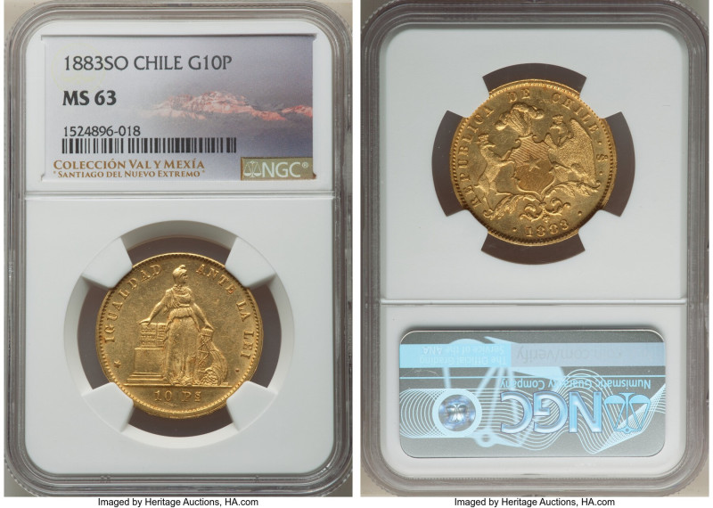 Republic gold 10 Pesos 1883-So MS63 NGC, Santiago mint, KM145. A Choice offering...