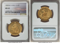 Republic gold 10 Pesos 1883-So MS63 NGC, Santiago mint, KM145. A Choice offering with lustrous and somewhat glossy surfaces. The sole piece recorded b...