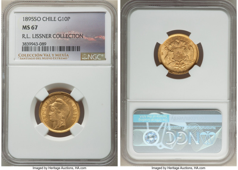 Republic gold 10 Pesos 1895-So MS67 NGC, Santiago mint, KM154. Showcasing exuber...