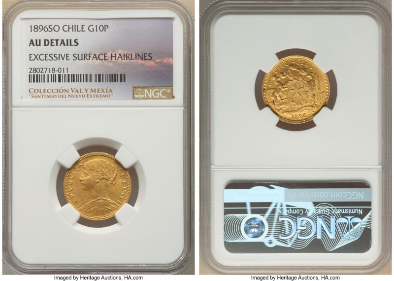 Republic gold 10 Pesos 1896-So AU Details (Excessive Surface Hairlines) NGC, San...