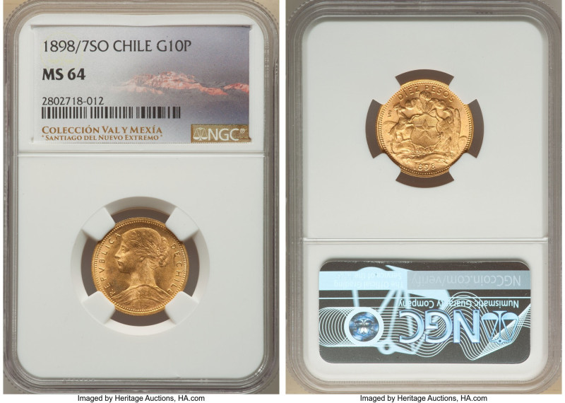 Republic gold 10 Pesos 1898/7-So MS64 NGC, Santiago mint, KM157. The sole piece ...