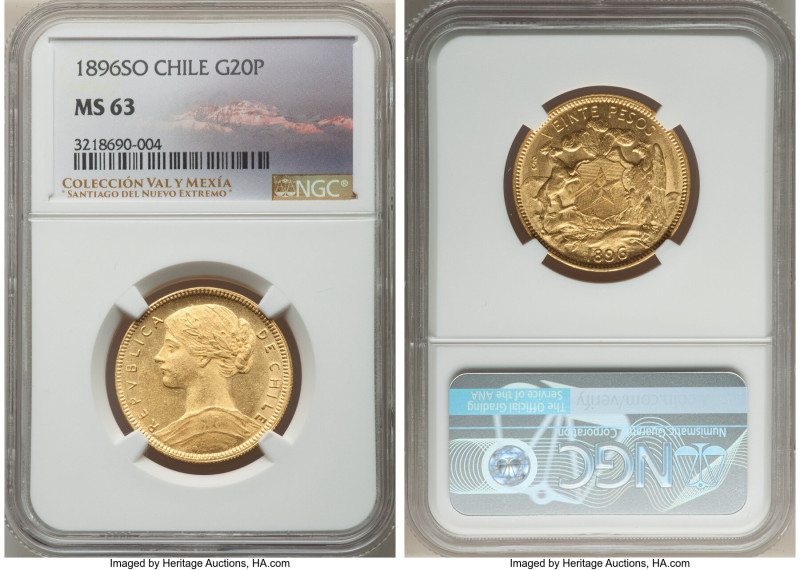 Republic gold 20 Pesos 1896-So MS63 NGC, Santiago mint, KM158. The first year of...