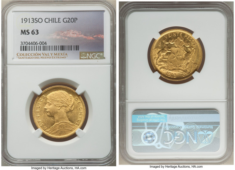 Republic gold 20 Pesos 1913-So MS63 NGC, Santiago mint, KM158. The sole finest r...