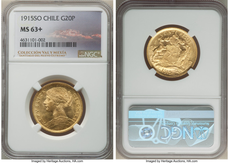 Republic gold 20 Pesos 1915-So MS63+ NGC, Santiago mint, KM158. Worthy of its pl...