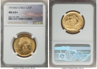 Republic gold 20 Pesos 1915-So MS63+ NGC, Santiago mint, KM158. Worthy of its plus designation with such ample glossiness boasting from the fields. Fr...