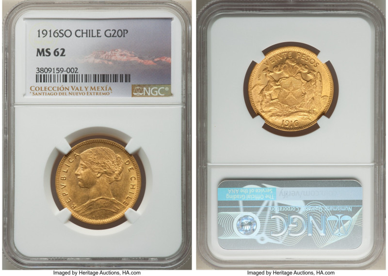 Republic gold 20 Pesos 1916-So MS62 NGC, Santiago mint, KM158. Decidedly Mint St...