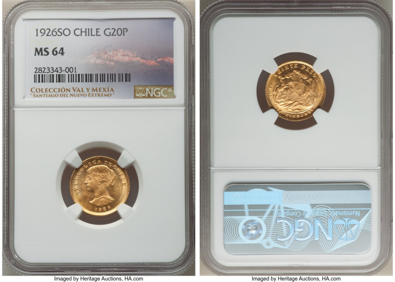 Republic gold 20 Pesos 1926-So MS64 NGC, Santiago mint, KM168. Shy of a Gem desi...