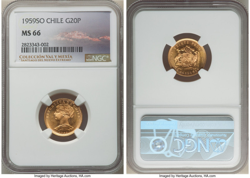 Republic gold 20 Pesos 1959-So MS66 NGC, Santiago mint, KM168. An impressive Gem...