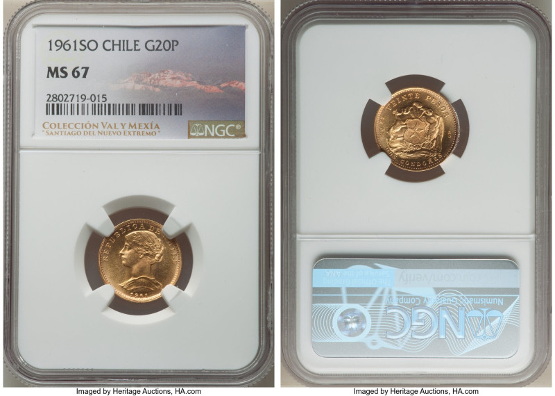Republic gold 20 Pesos 1961-So MS67 NGC, Santiago mint, KM168. As pristine as it...