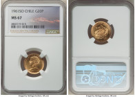 Republic gold 20 Pesos 1961-So MS67 NGC, Santiago mint, KM168. As pristine as it gets, this radiant piece weaves the finest grade at the NGC census. F...