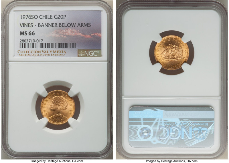Republic gold 20 Pesos 1976-So MS66 NGC, Santiago mint, KM188. Vines - Banner Be...