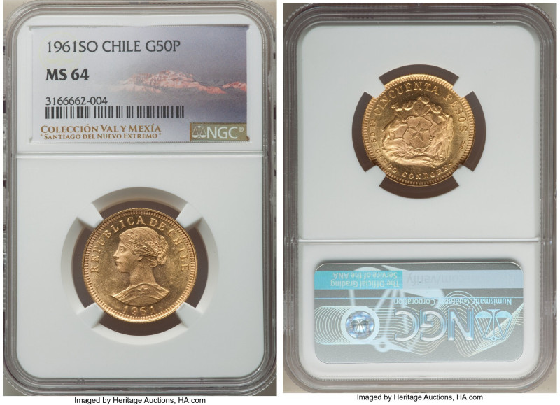 Republic gold 50 Pesos 1961-So MS64 NGC, Santiago mint, KM169. Showing an appeal...