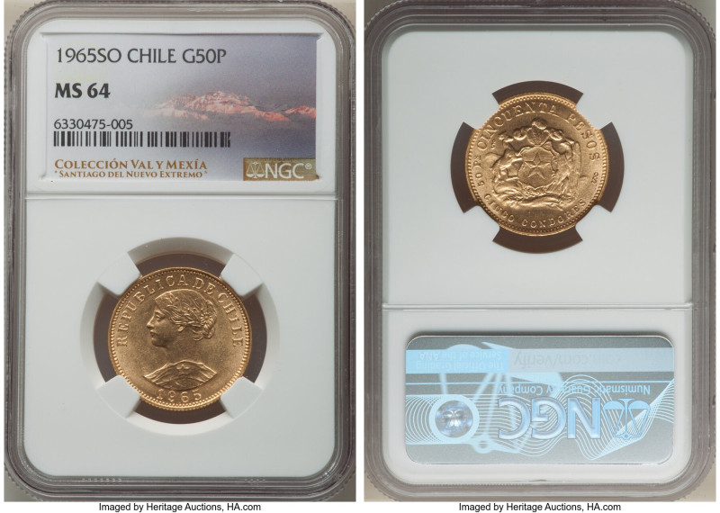 Republic gold 50 Pesos 1965-So MS64 NGC, Santiago mint, KM169. A brilliant piece...