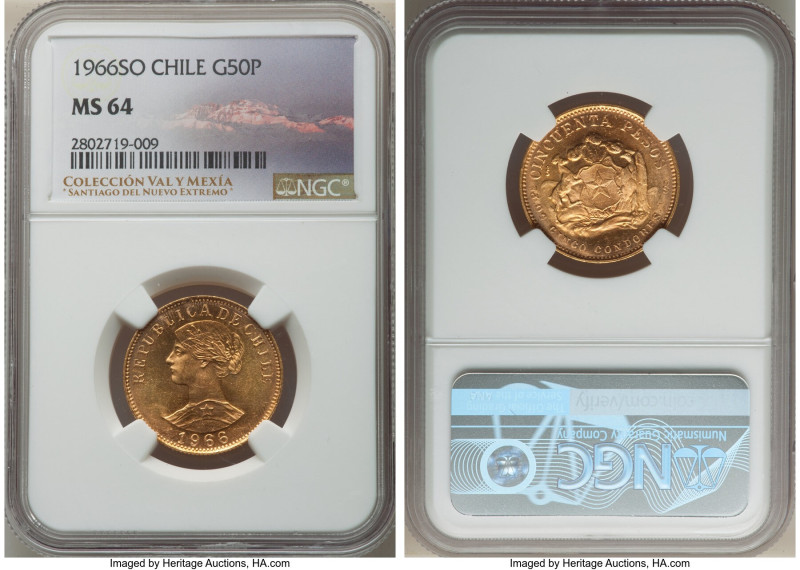Republic gold 50 Pesos 1966-So MS64 NGC, Santiago mint, KM169. Particularly glos...