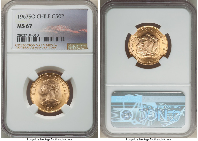 Republic gold 50 Pesos 1967-So MS67 NGC, Santiago mint, KM169. A marvelous rendi...