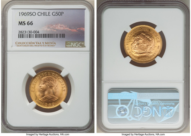 Republic gold 50 Pesos 1969-So MS66 NGC, Santiago mint, KM169. Presenting a ligh...