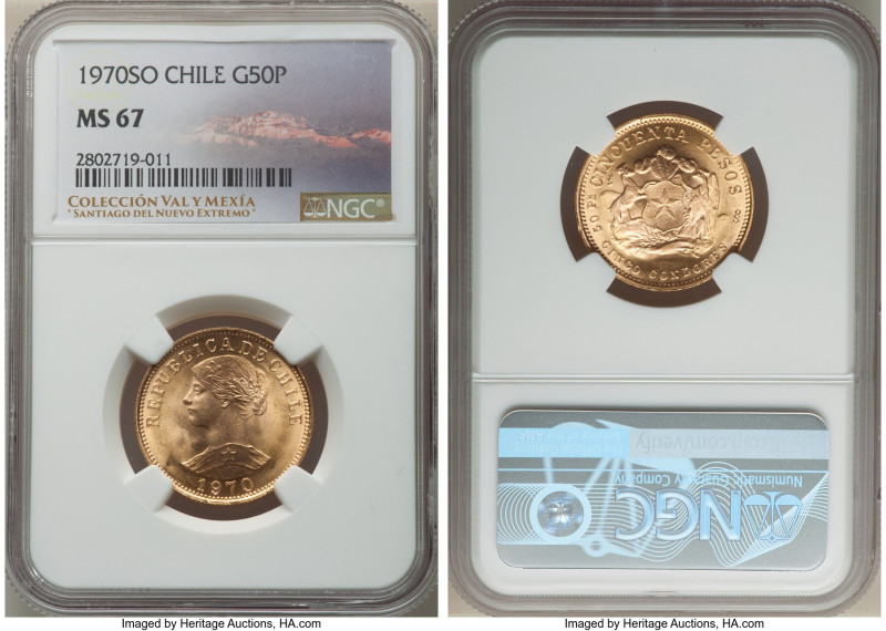 Republic gold 50 Pesos 1970-So MS67 NGC, Santiago mint, KM169. Shimmering impecc...