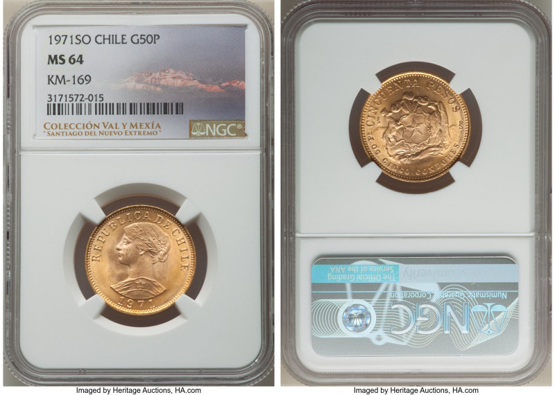 Republic gold 50 Pesos 1971-So MS64 NGC, Santiago mint, KM169. A satin, lustrous...