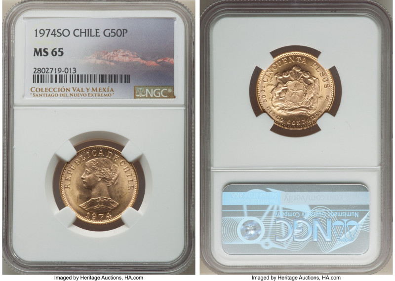 Republic gold 50 Pesos 1974-So MS65 NGC, Santiago mint, KM169. The final year of...