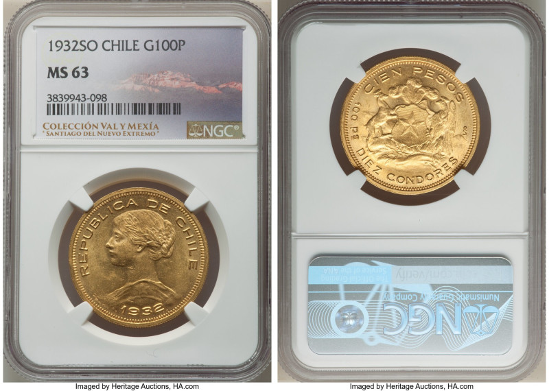 Republic gold 100 Pesos 1932-So MS63 NGC, Santiago mint, KM175. Weaving crisp, C...