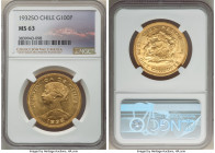 Republic gold 100 Pesos 1932-So MS63 NGC, Santiago mint, KM175. Weaving crisp, Choice surfaces and tied with another example for the finest recorded b...