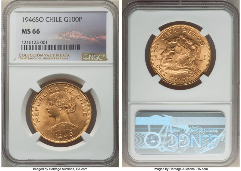 Republic gold 100 Pesos 1946-So MS66 NGC, Santiago mint, KM175. A sound Gem disp...