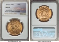 Republic gold 100 Pesos 1947-So MS64 NGC, Santiago mint, KM175. Brilliant and sharp, shy of a Gem Mint State designation. From the "Colección Val y Me...