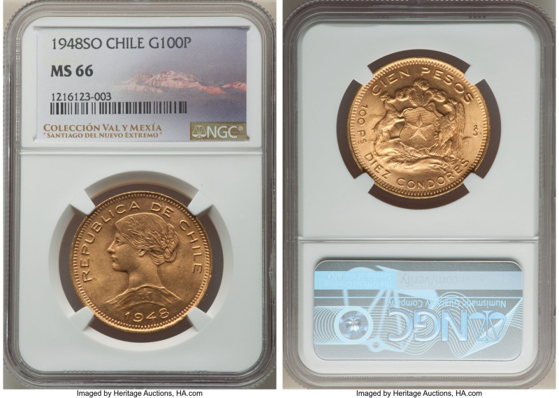 Republic gold 100 Pesos 1948-So MS66 NGC, Santiago mint, KM175. Bathed in a soft...