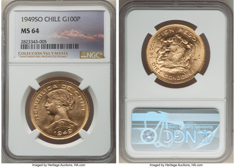 Republic gold 100 Pesos 1949-So MS64 NGC, Santiago mint, KM175. A flashy example...