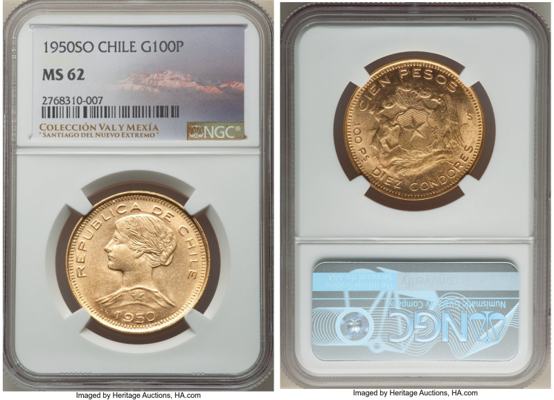 Republic gold 100 Pesos 1950-So MS62 NGC, Santiago mint, KM175. A brilliant repr...