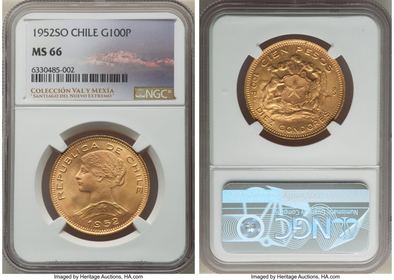 Republic gold 100 Pesos 1952-So MS66 NGC, Santiago mint, KM175. A radiating Gem ...