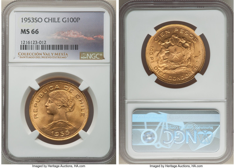Republic gold 100 Pesos 1953-So MS66 NGC, Santiago mint, KM175. Showing a satin ...